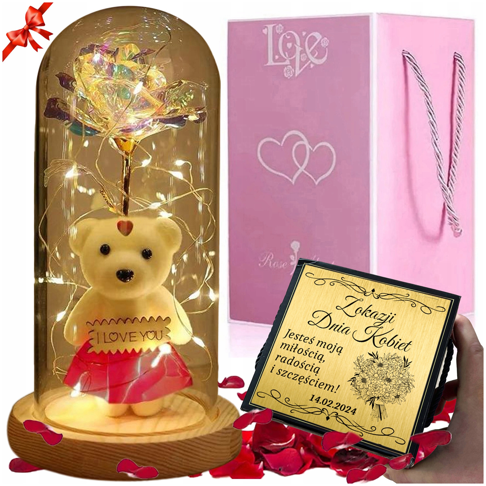 Led Věčná Růže S Medvídkem Ve Skle Gravírování, Dárek Pro Ni, Dívku