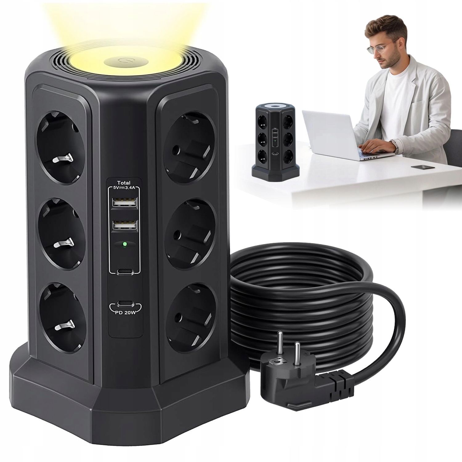 Zásuvková Lišta Stojící 12 Zásuvek 4000W S 2 Usb-c Pd 20W Černá