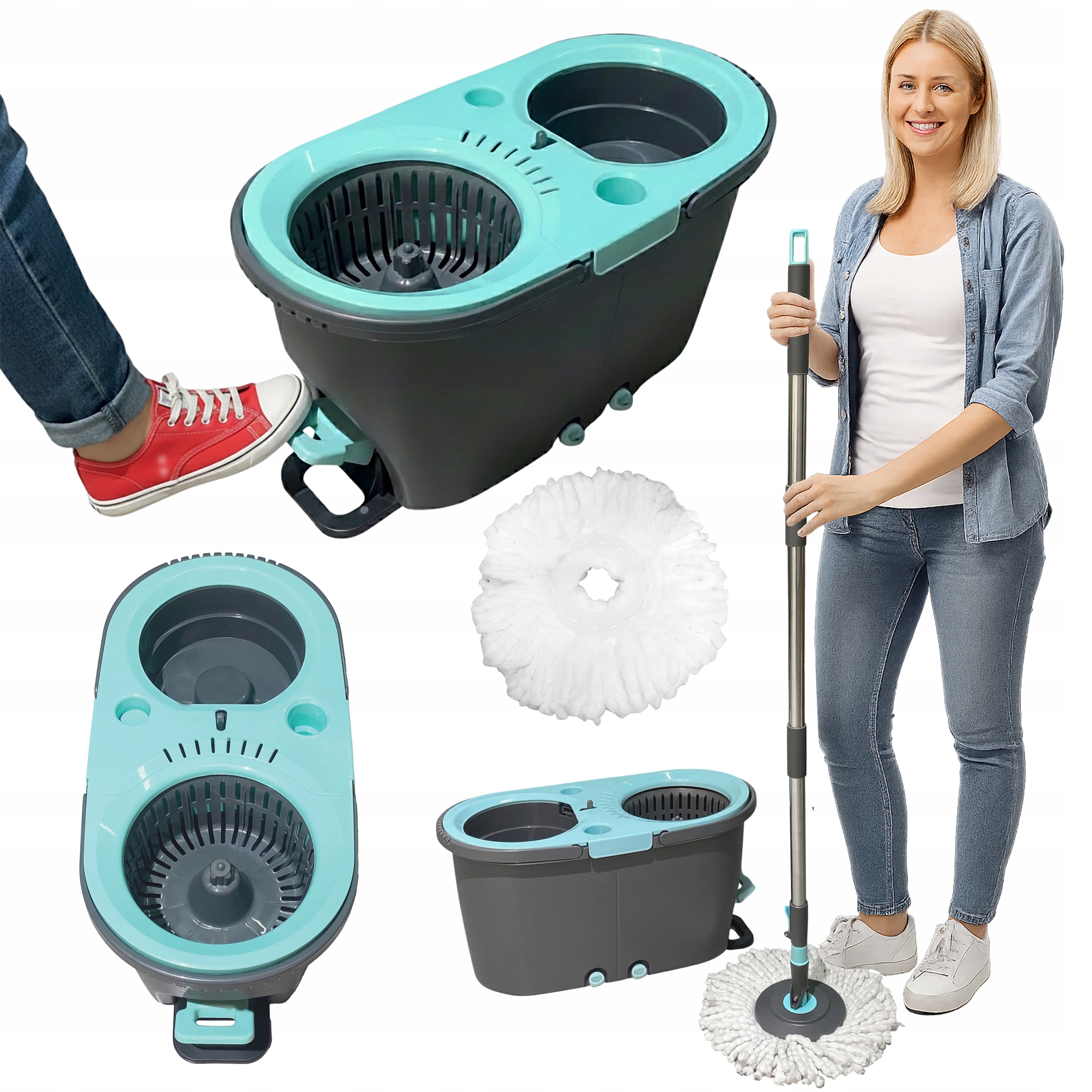 Wiadro I Mop Obrotowy Dwukomorowy Rotacyjny 5L Dwa Wkłady Z Mikrofibry