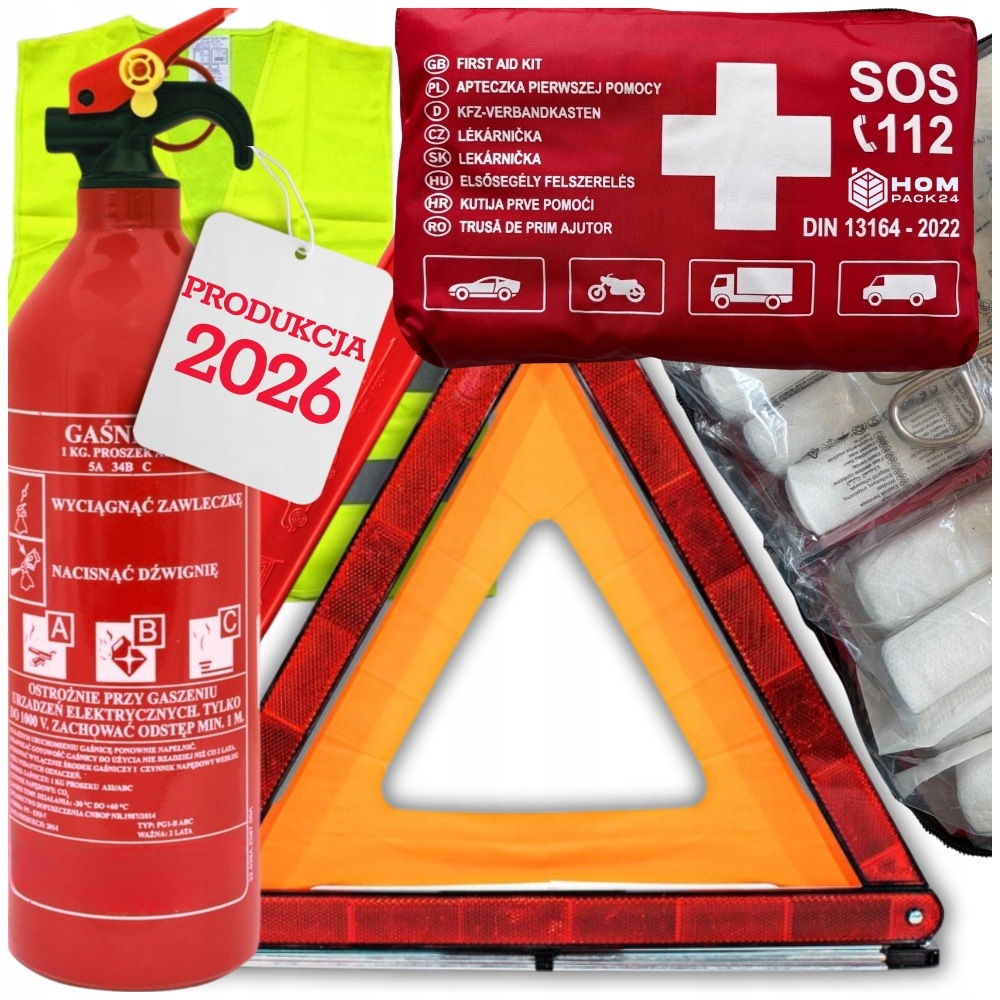 Zestaw Bezpieczeństwa Gaśnica 1kg 2026r Trójkąt Apteczka DIN13164 Kamizelka