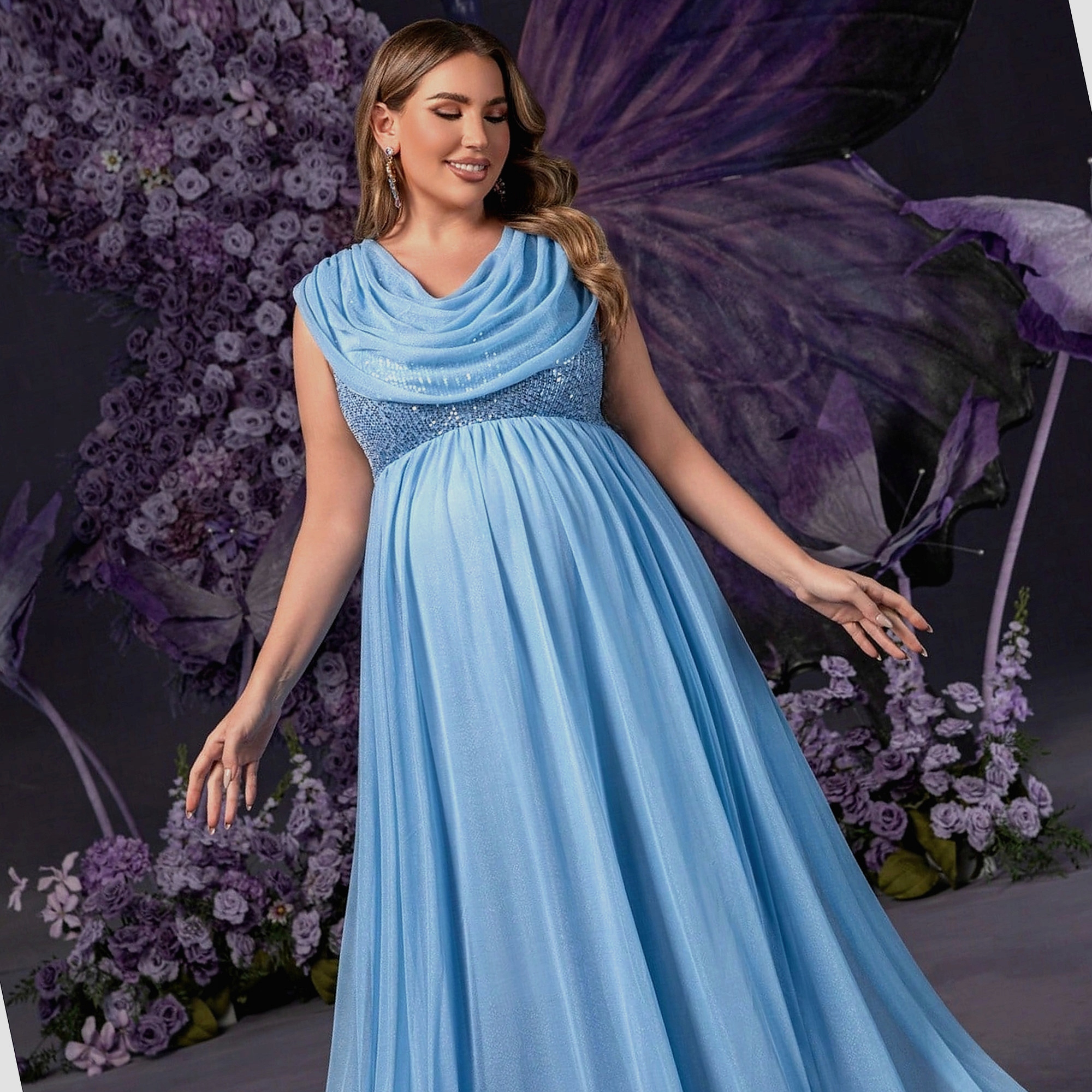 Šaty Faeriesty s těhotenskou flitrovou krajkou na Svatební Hostina s výstřihem, modrá, 5XL