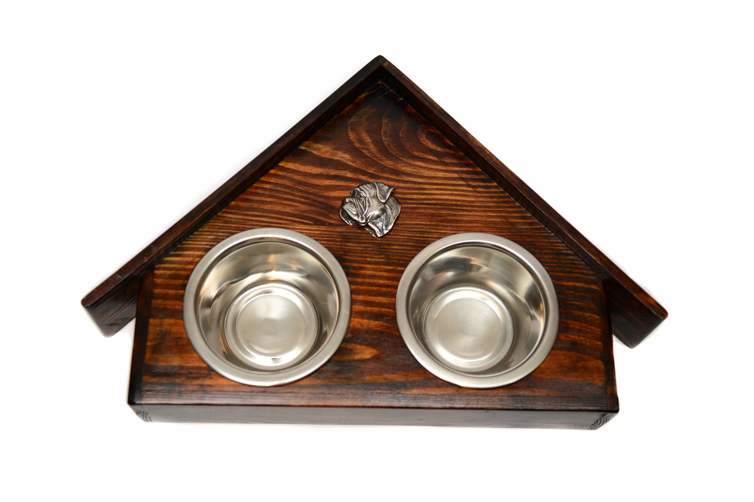 Levně Stojan s miskami pro psa, masivní dřevo, ocelové misky, ručně vyráběné Bullmastiff