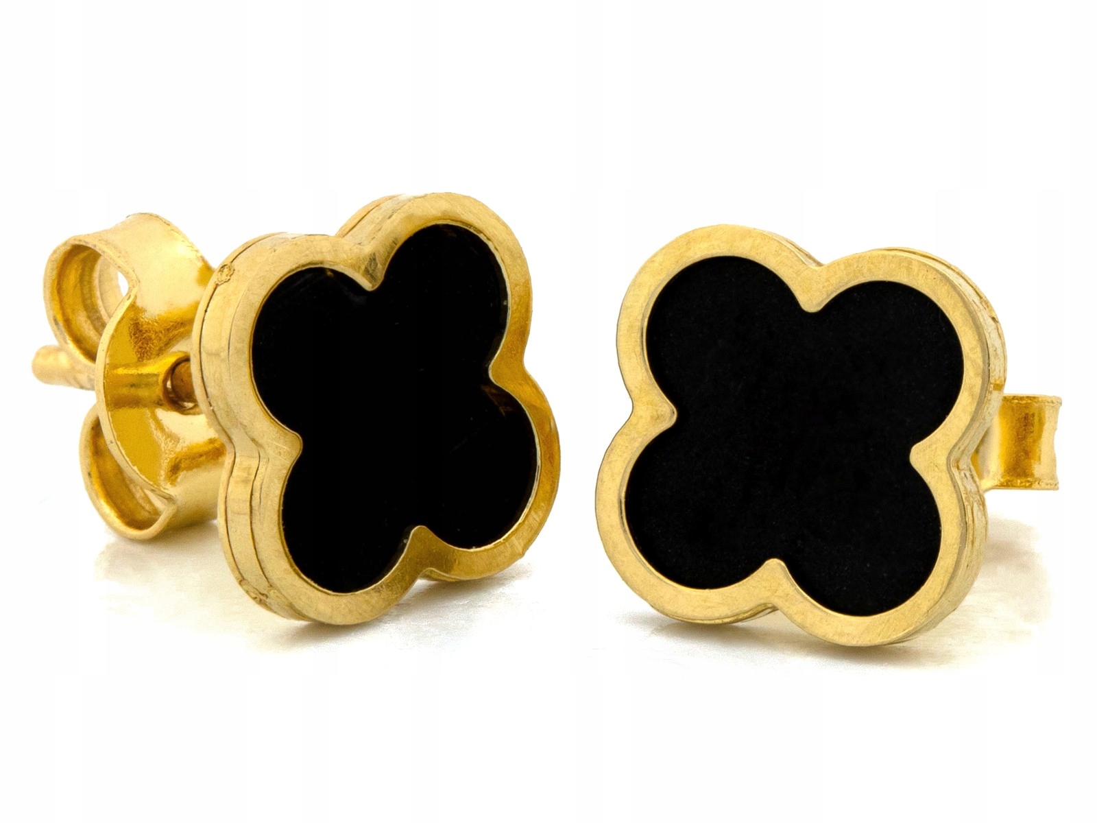 Náušnice Zlaté 585 s černým květem, zapínání na tyči, motiv květina