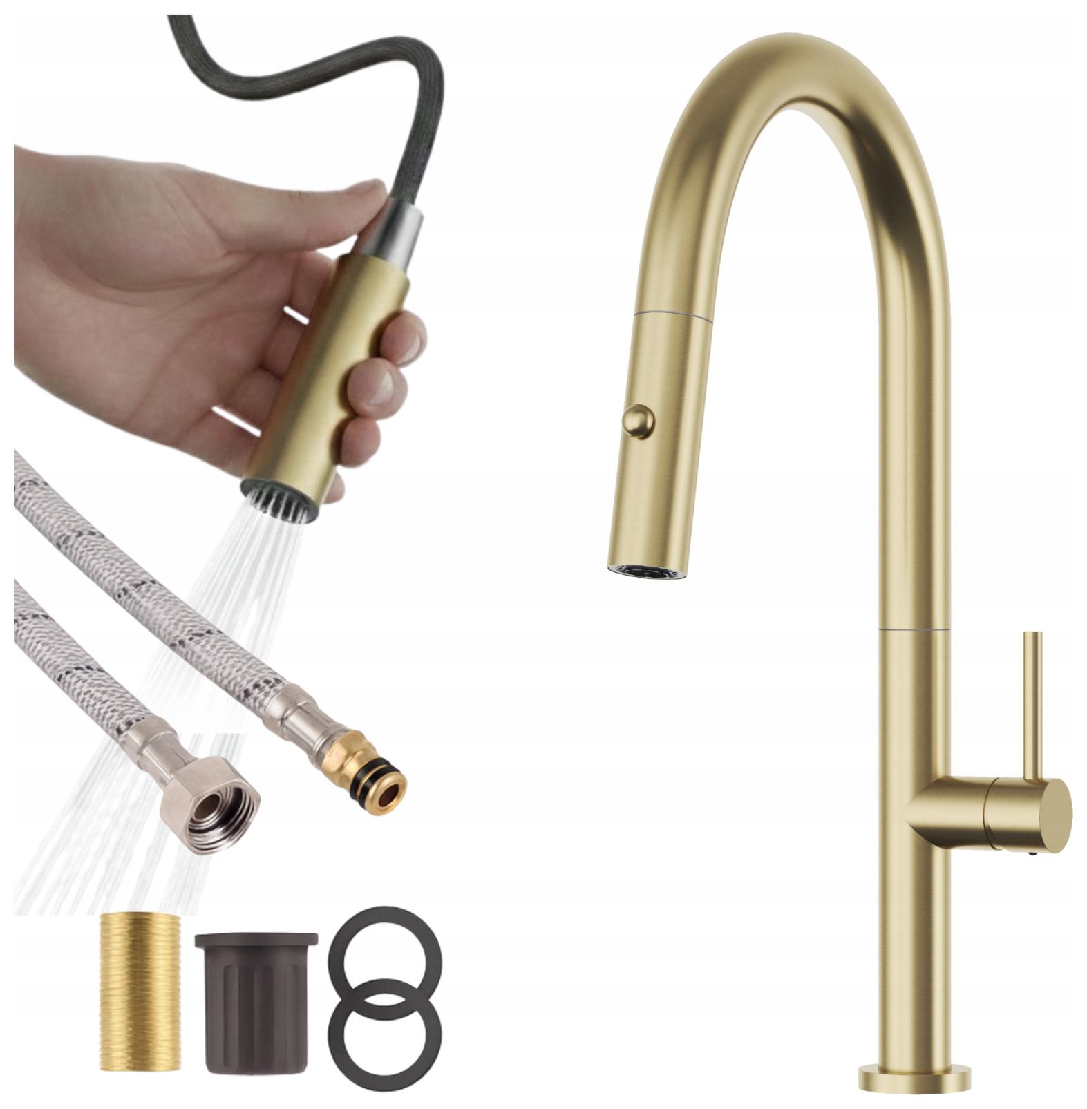 Stojanková drezová kuchynská batéria s výsuvným výtokom, zlatá, Kran Livia