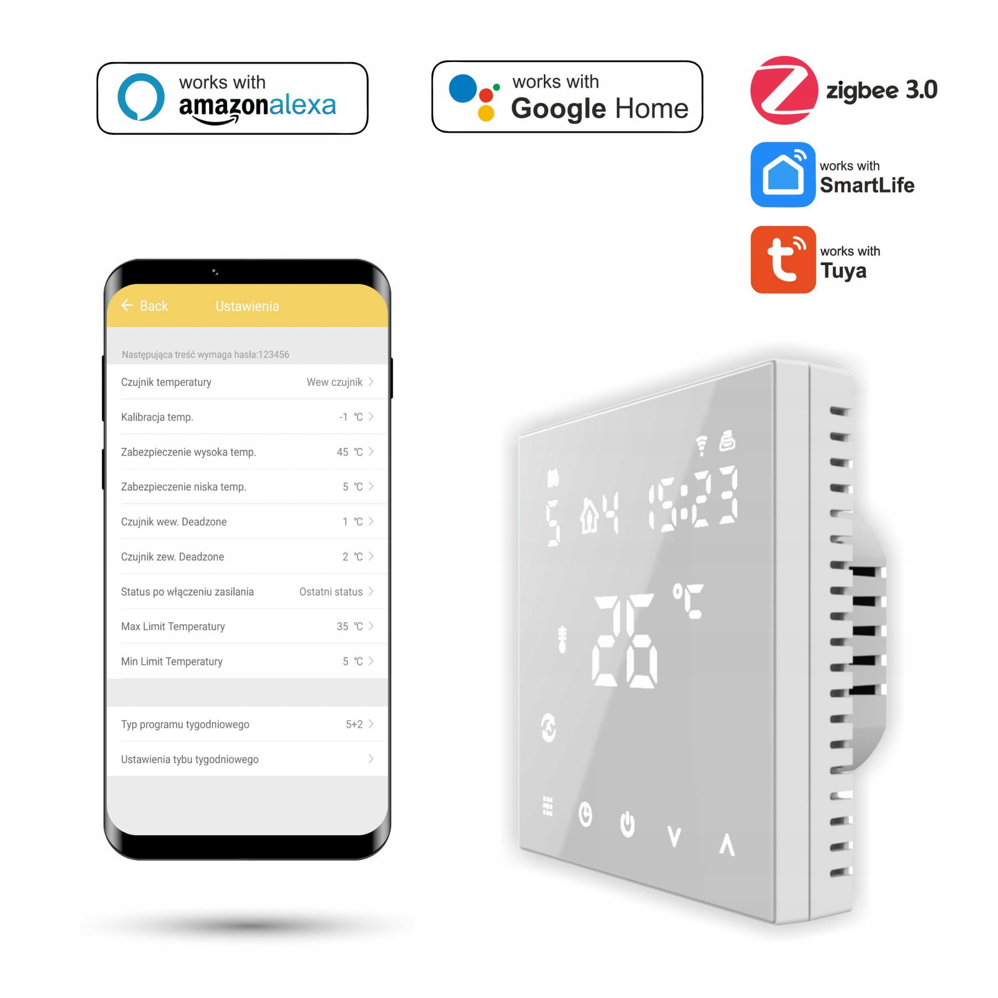 Pokojový termostat Zigbee Tuya 3A Biely PRO2