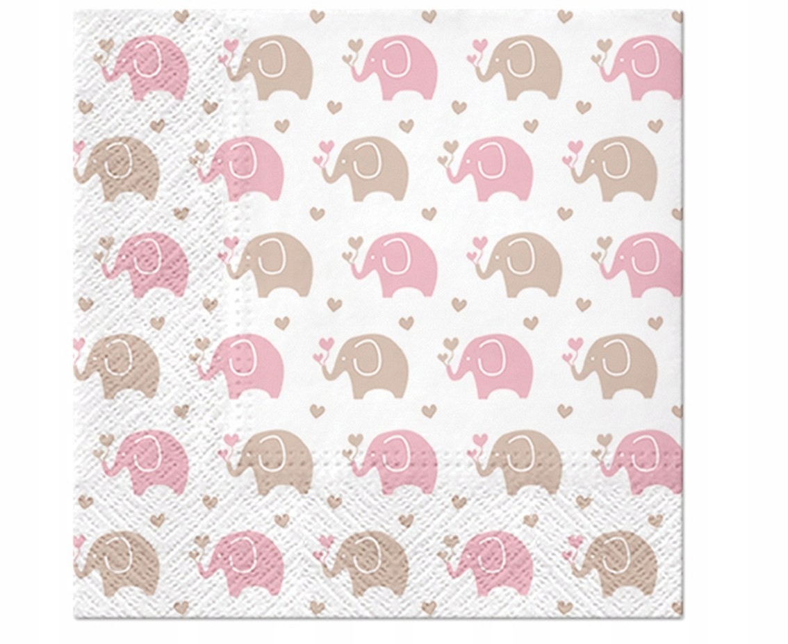 SERWETKI PAPIEROWE Baby Shower Elephants Pink 20x