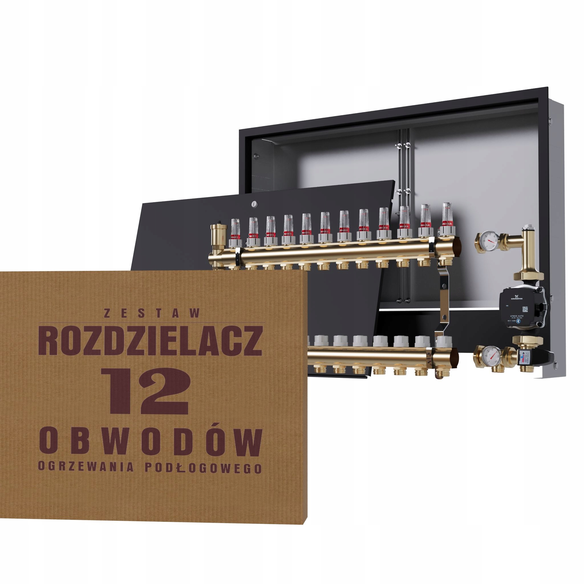 Rozdělovač pro podlahovku 12 okruhů se skupinou Grundfos podomítkový černý