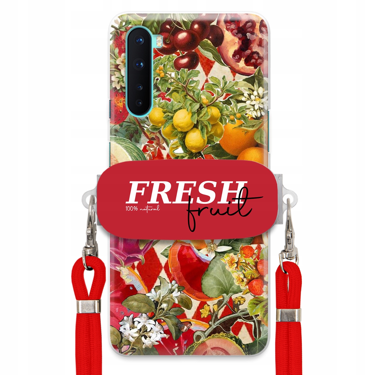Puzdro pre Oneplus Nord Červené Crossbody vodítko držiak Fresh Fruit Ovocné