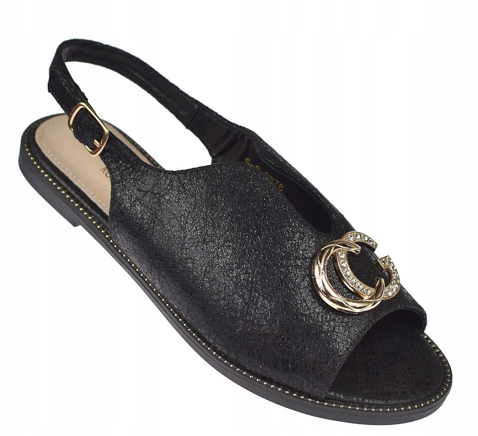 Dámské černé ploché sandály Skotnicki S-3-0876, zlaté ozdoby, vel 36