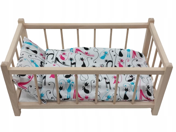 Drewniane łóżeczko dla lalek + POŚCIEL + MATERAC