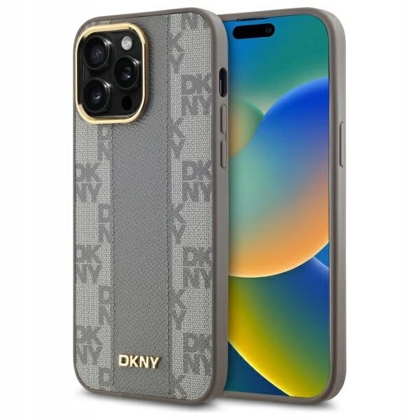 Dkny kožené kostkované Pouzdro s mono vzorem MagSafe iPhone 14 Pro Max – béžové