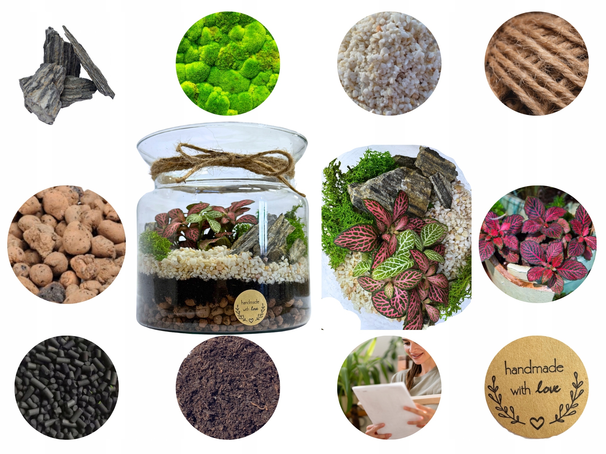 LAS W SŁOIKU LAS W SZKLE KOMPLETNY 10 elementów Z ROŚLINKĄ I SŁOJEM ZESTAW