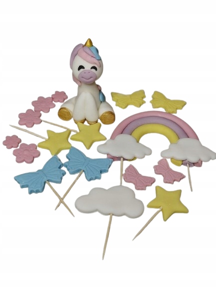 Figurki cukrowe na tort zestaw Roczek urodziny jednorożec tęcza motyle