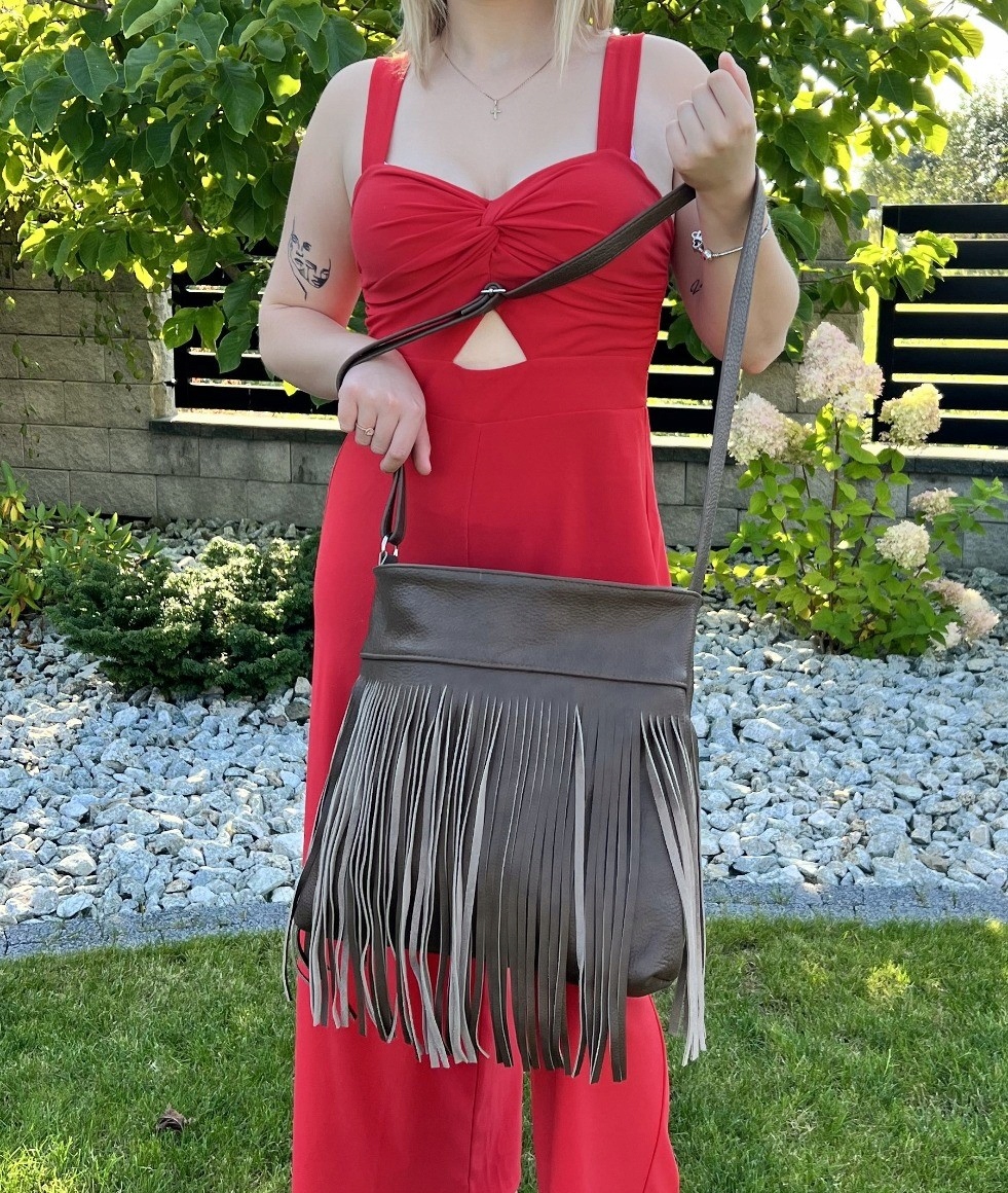 TOREBKA Z FRĘDZLAMI NA RAMIĘ SKÓRA 100% - HANDMADE Styl miejski