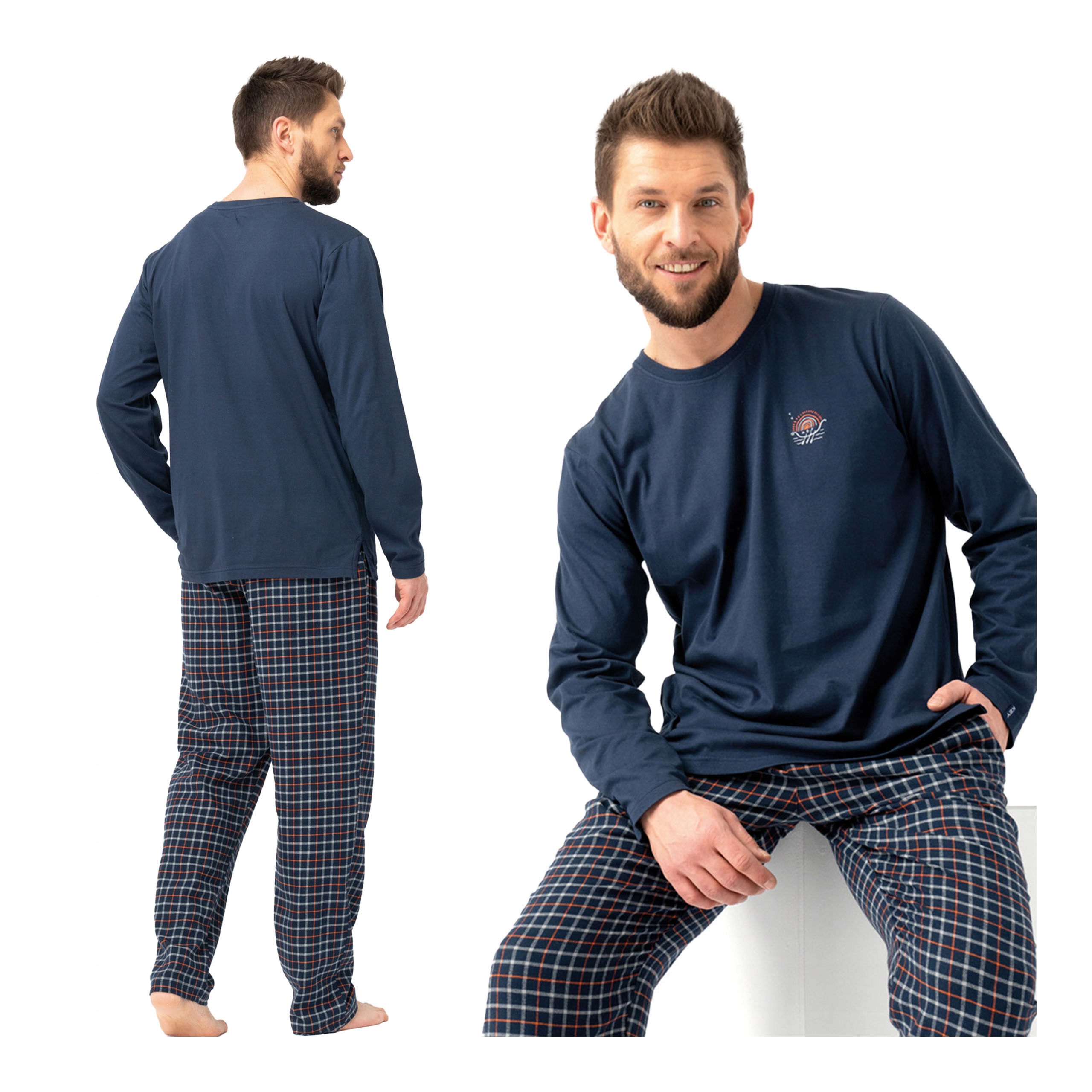 Pánské bavlněné flanelové pyžamo s dlouhým rukávem a kalhotami Key XXL