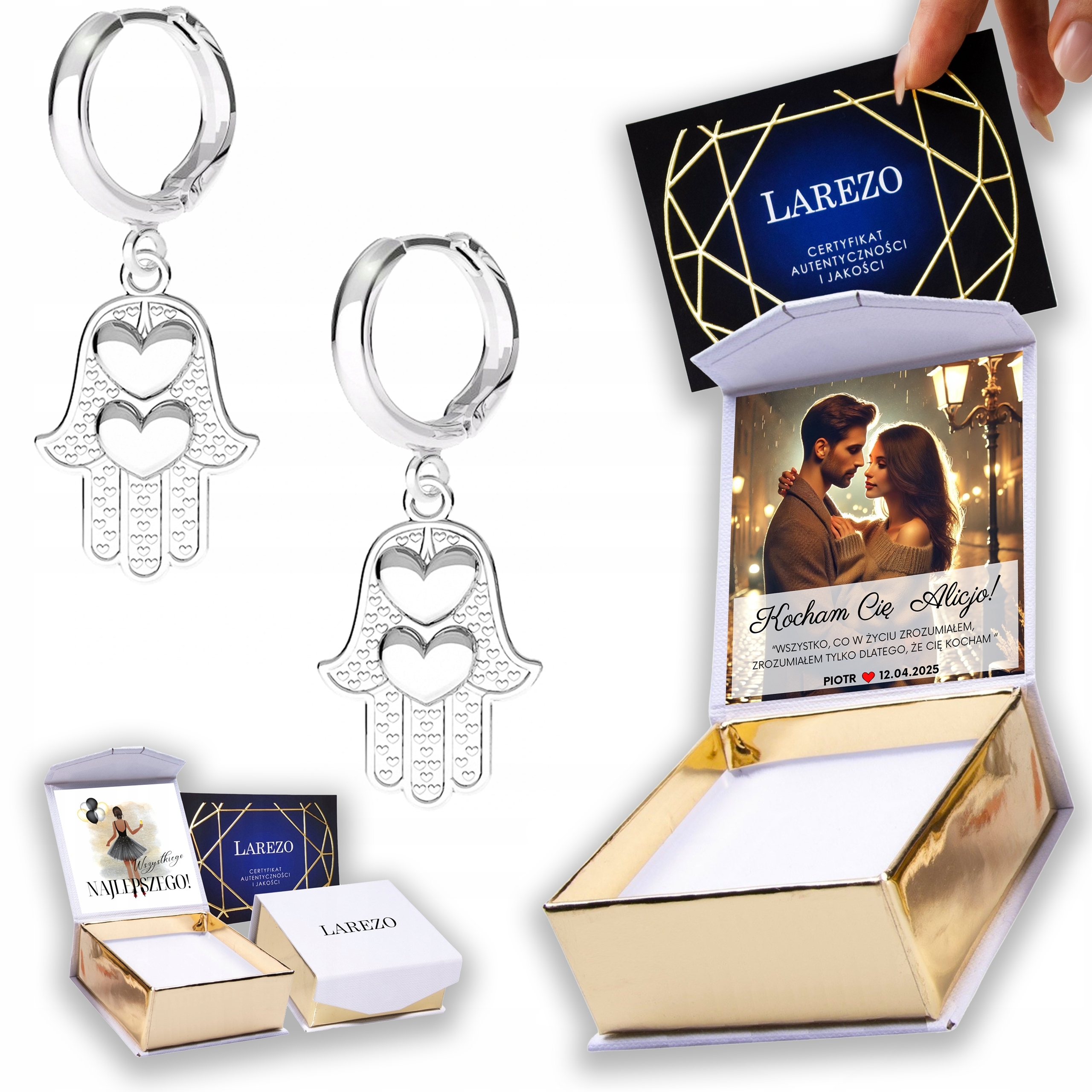 Stříbrné Náušnice 925 Ruce Prozřetelnosti Ruka Srdíčka Oko Srdíčka Potisk