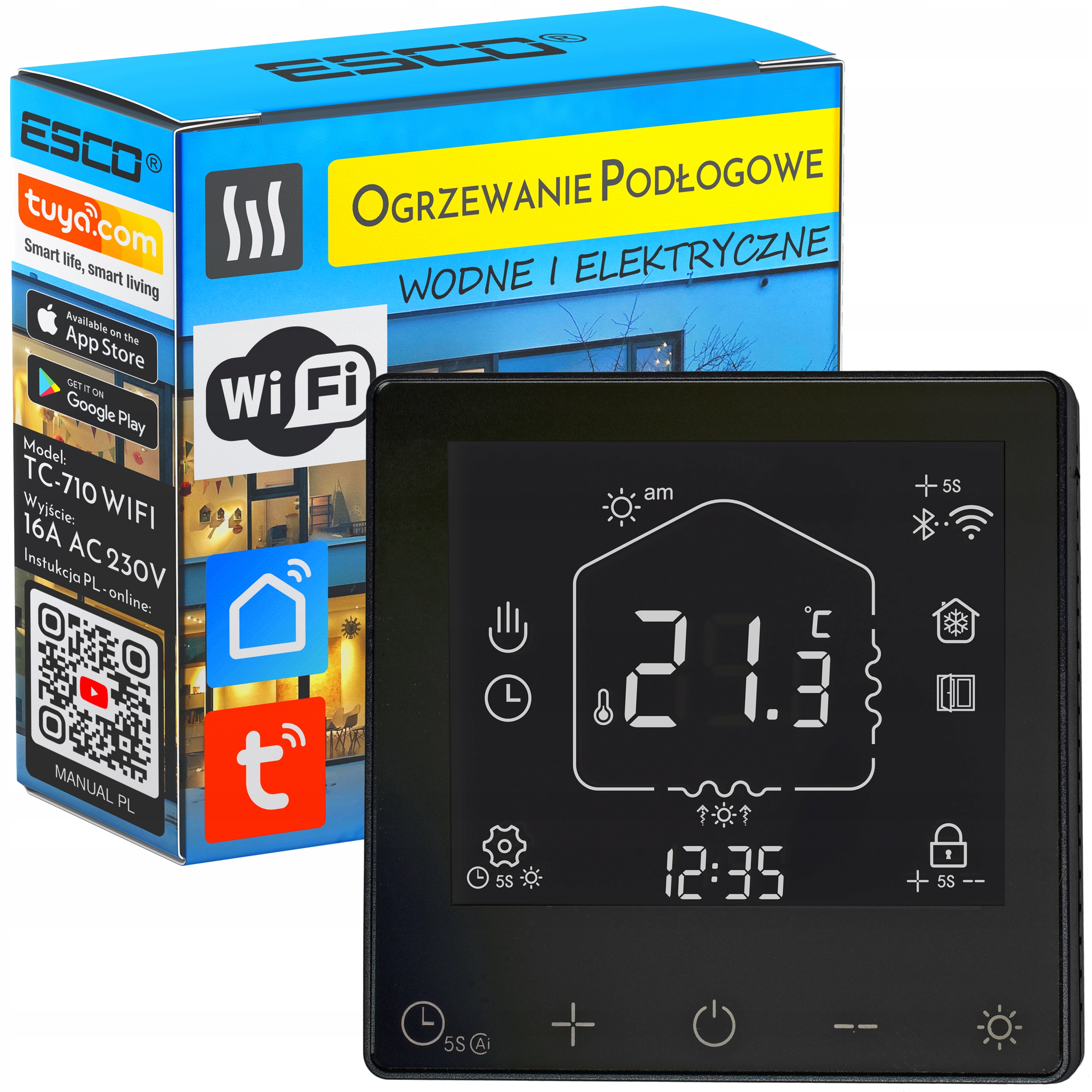 Černý Termostat Esco TC-710B 16A Podlahový WiFi Tuya Aplikace Komfort+