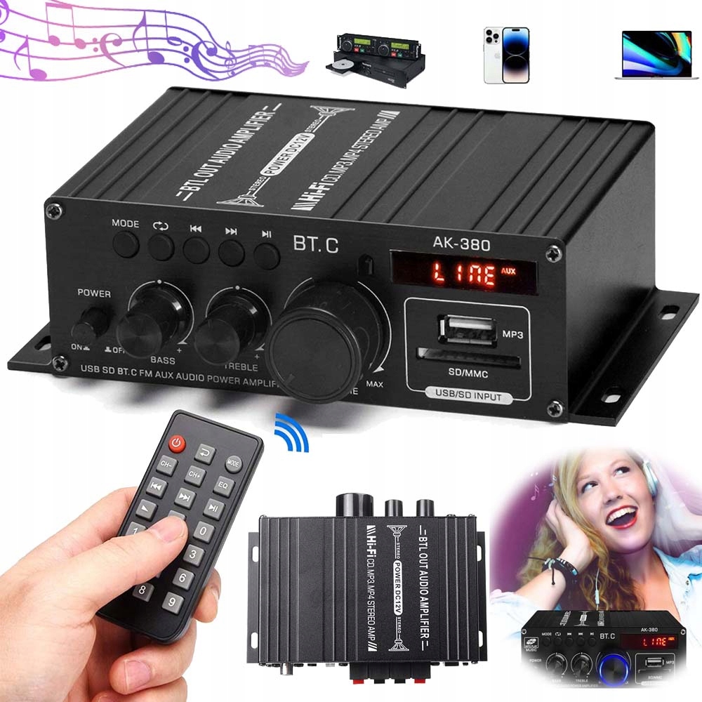 Stereo Zesilovač 40 W Bluetooth Pro Domácnost A Párty, Přenosné Fm Rádio 12 V
