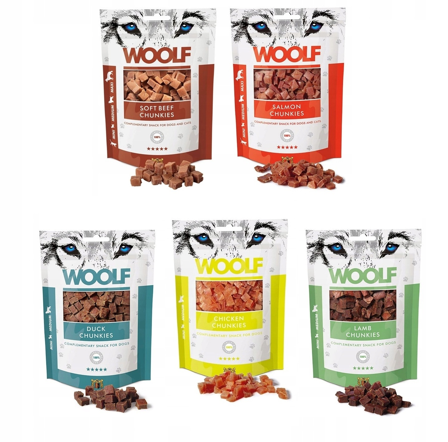 Woolf Pochoutky pro psa kousky pochoutky mix chutí 5 x 100 g