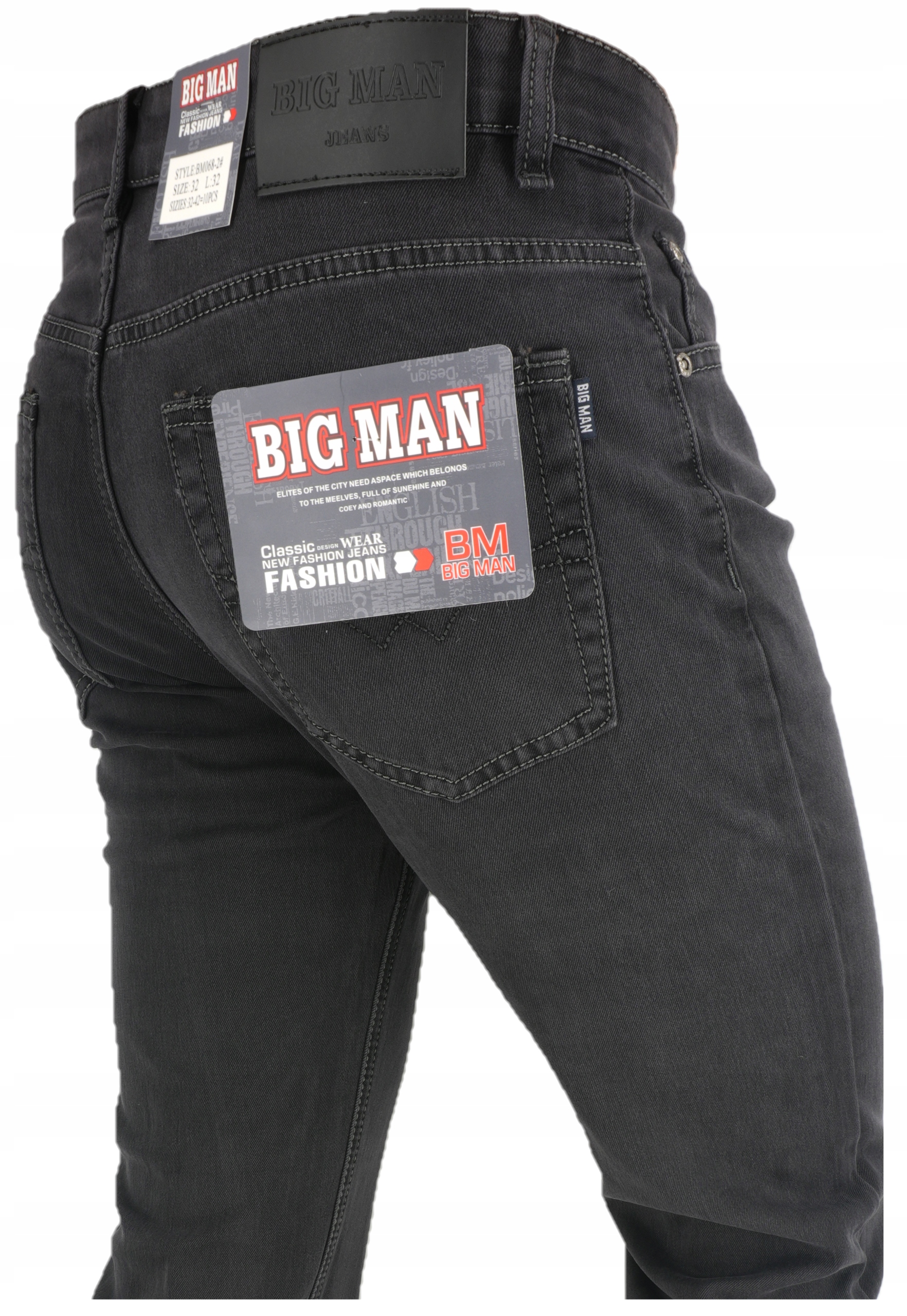 Spodnie Męskie Grafitowe BM068 Prosta Szeroka Nogawka 182cm wzrostu L32 W35