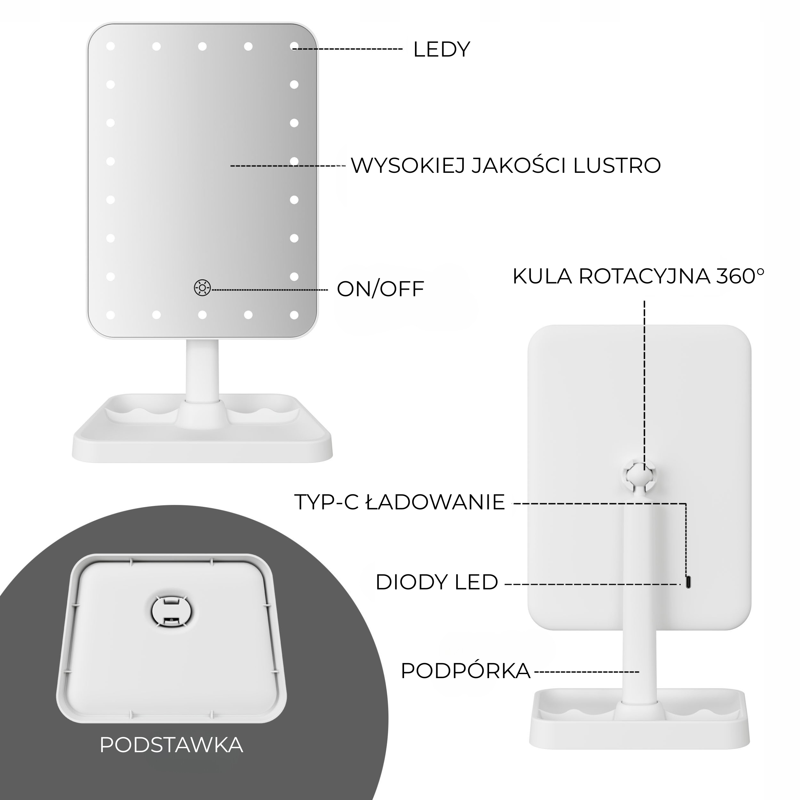 LUSTERKO KOSMETYCZNE PODŚWIETLANE BEZPRZEWODOWE LUSTRO DO MAKIJAŻU LED PRO Kolor biały