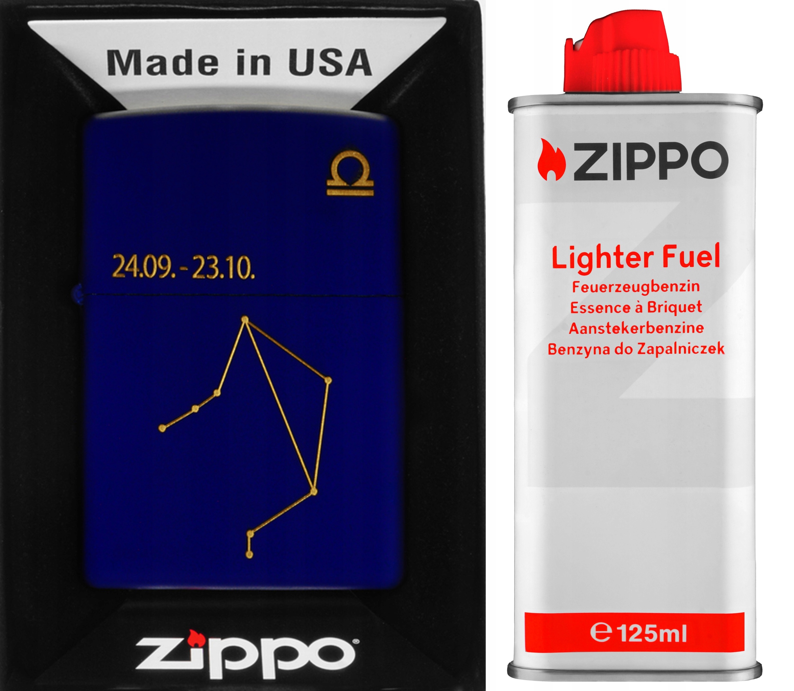Sada Zippo Zapalovač Zodiac Libra Design Váha Benzín 125 ml