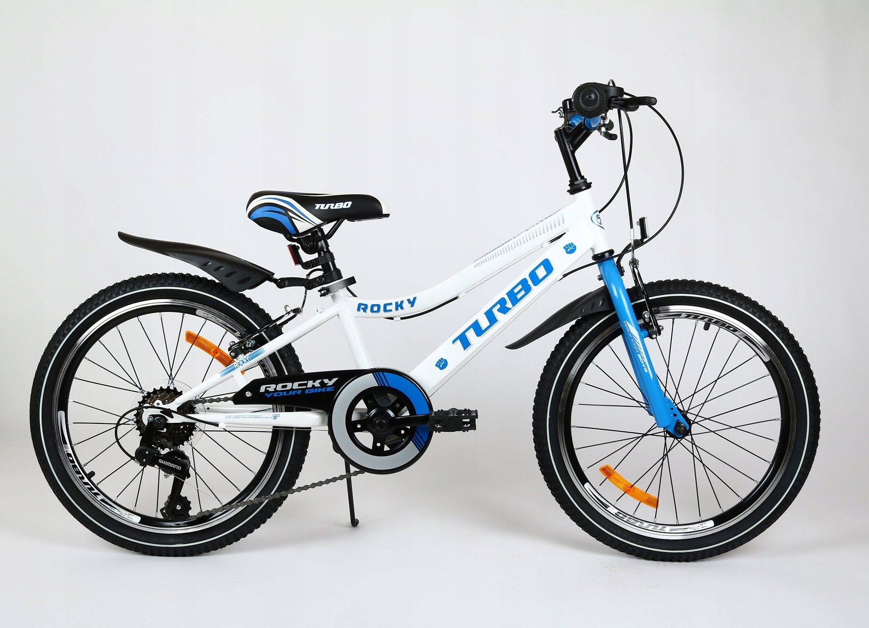 Rower Rocky 20" 6-speed Shimano biały niebieski stopka błotniki lekki Pl