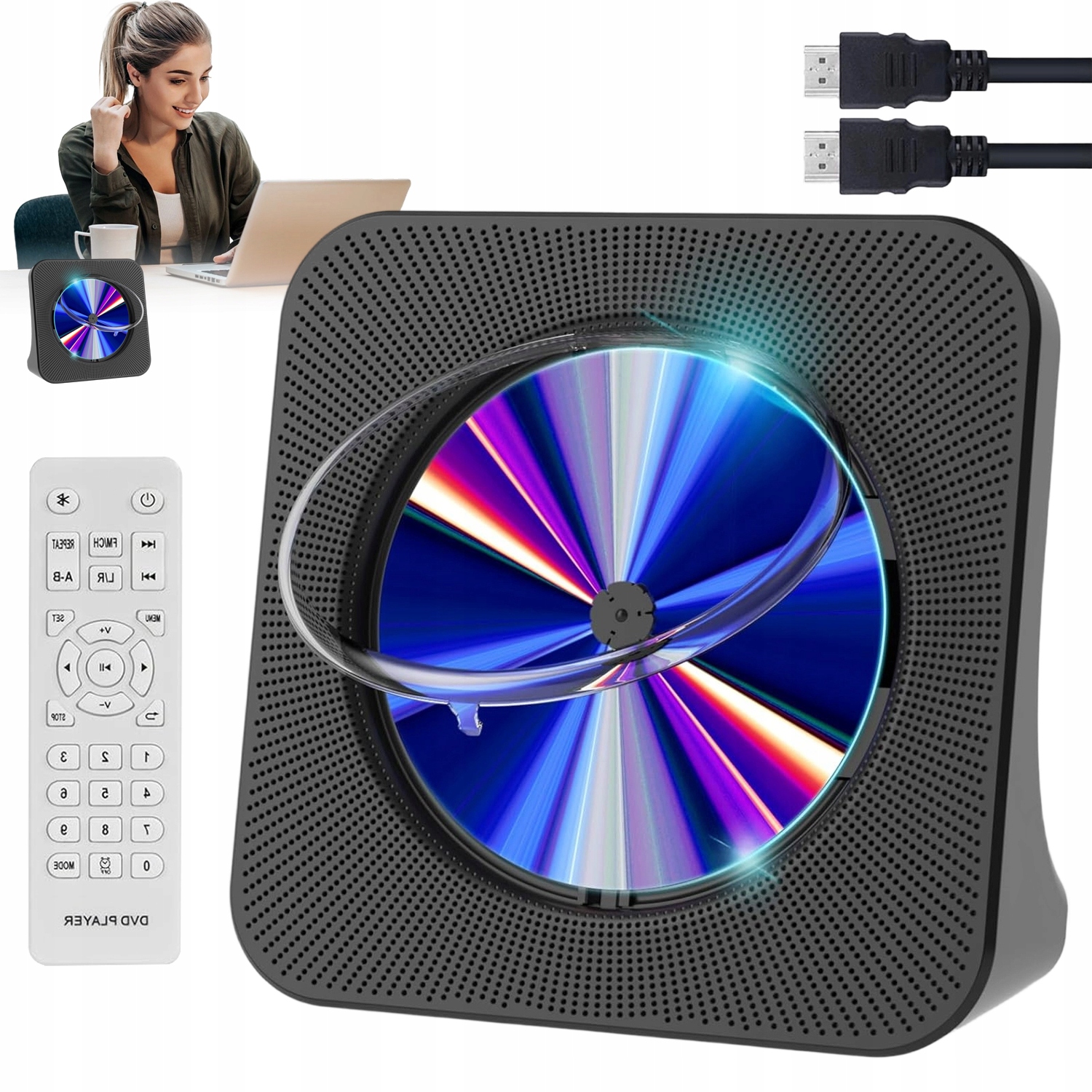 Přenosný CD/DVD přehrávač, stojací, Bluetooth, reproduktory, Fm, s dálkovým ovládáním, černý