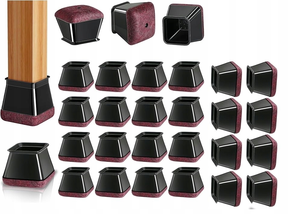 24 X Čtvercové Chrániče Na Nohy Židlí, Černé, Silikonové, 44-50 MM