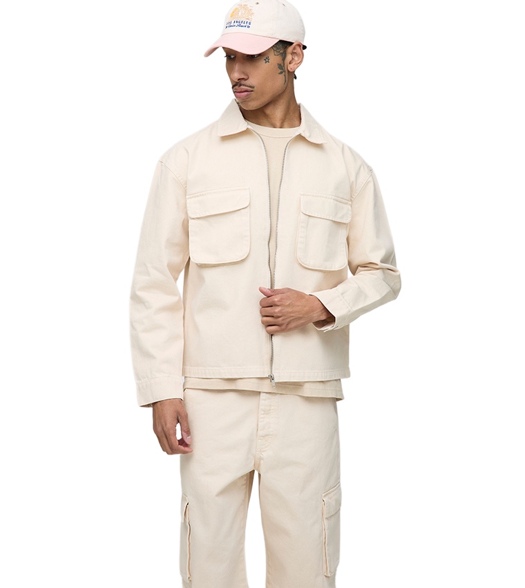 Boohooman Košile Casual Béžová Krátké Kapsy Zip Xs Z3A