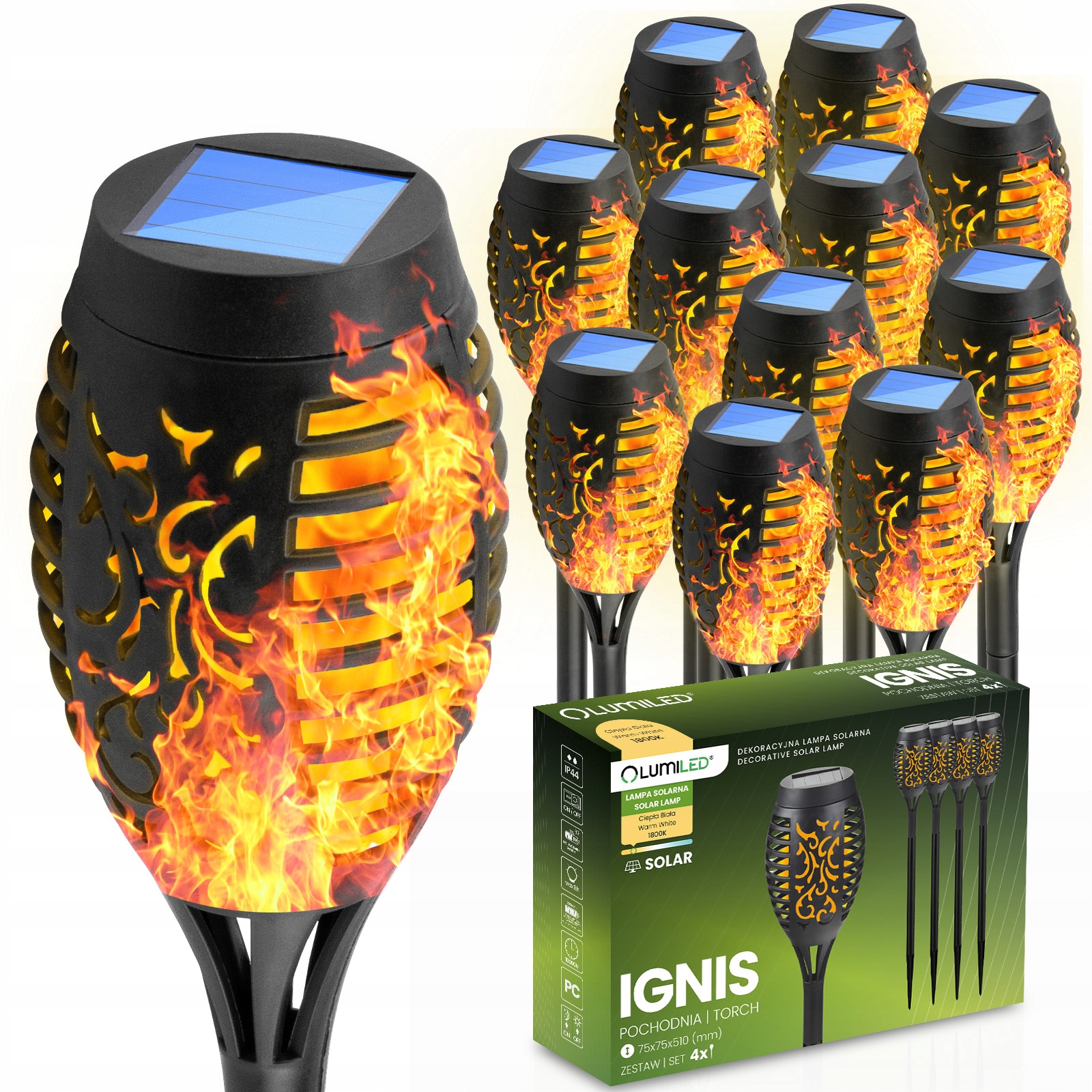 12x Lampa Solarna Ogrodowa Lampka Led Duża Wbijana Pochodnia Płomień Ogień