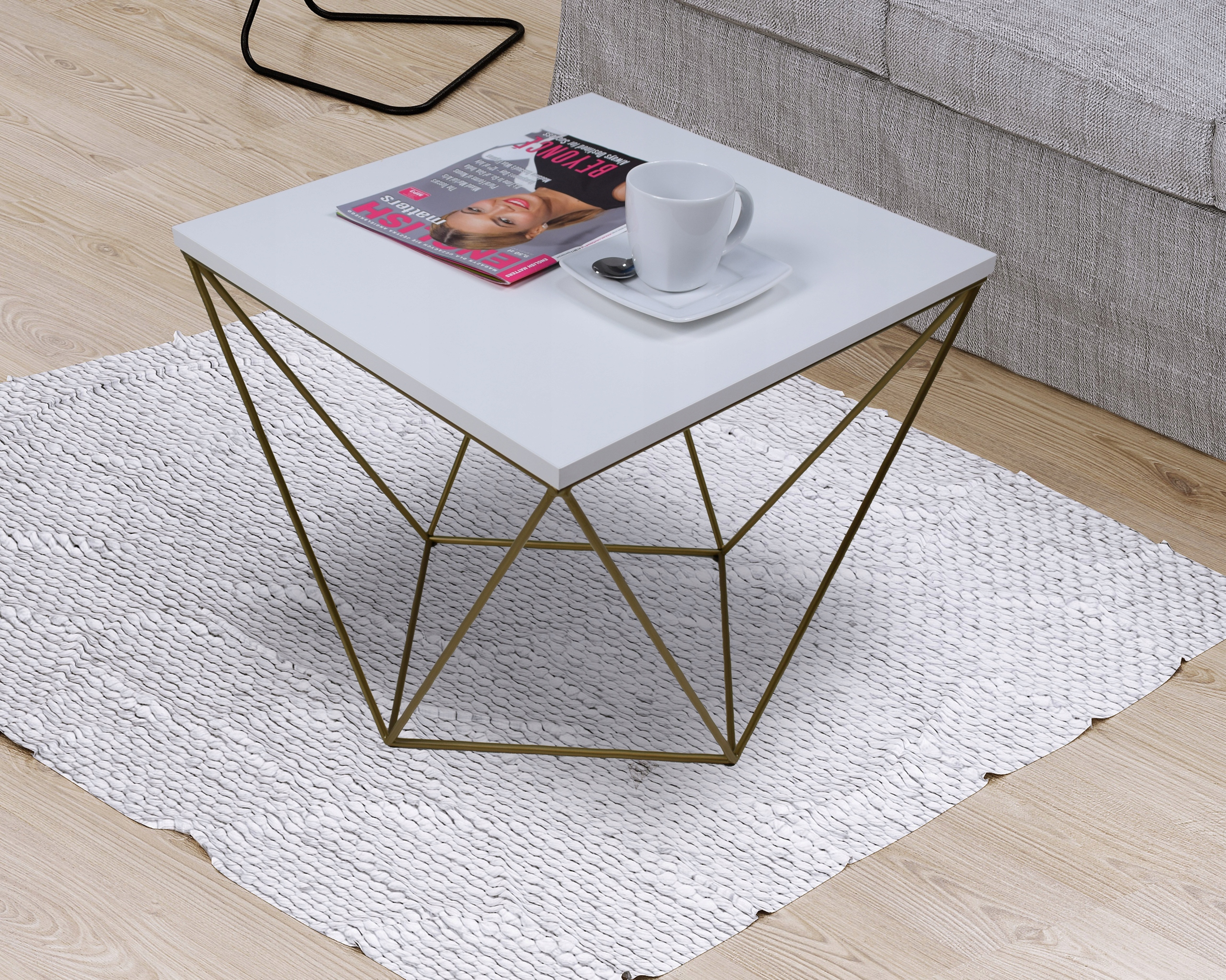 Kawowy Stolik Druciany Kwadratowy Loft Industrial Złoty+Biały Mat FutuStal Szerokość mebla 50 cm