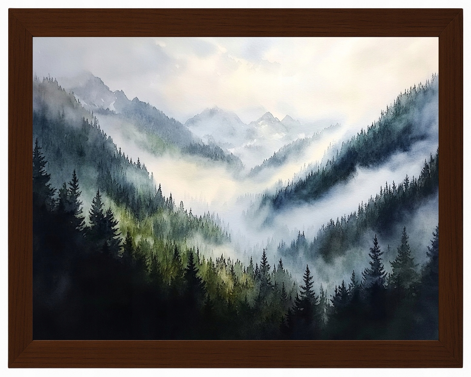 Plakát Rámeček Dřevo Krajina Akvarel Hory Vrcholy Les Stromy Mlha 80x60