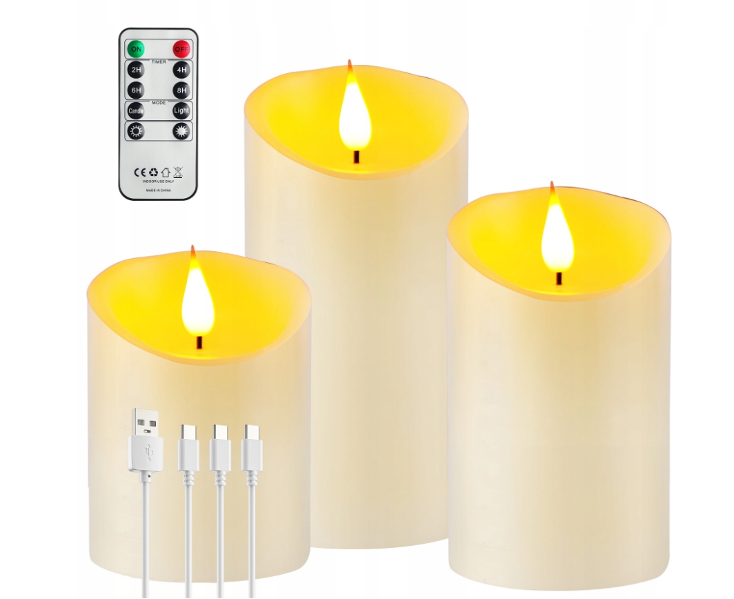 ŚWIECE LED ŁADOWANE USB Z PILOTEM I TIMEREM 3 SZT REALISTYCZNY PŁOMIEŃ
