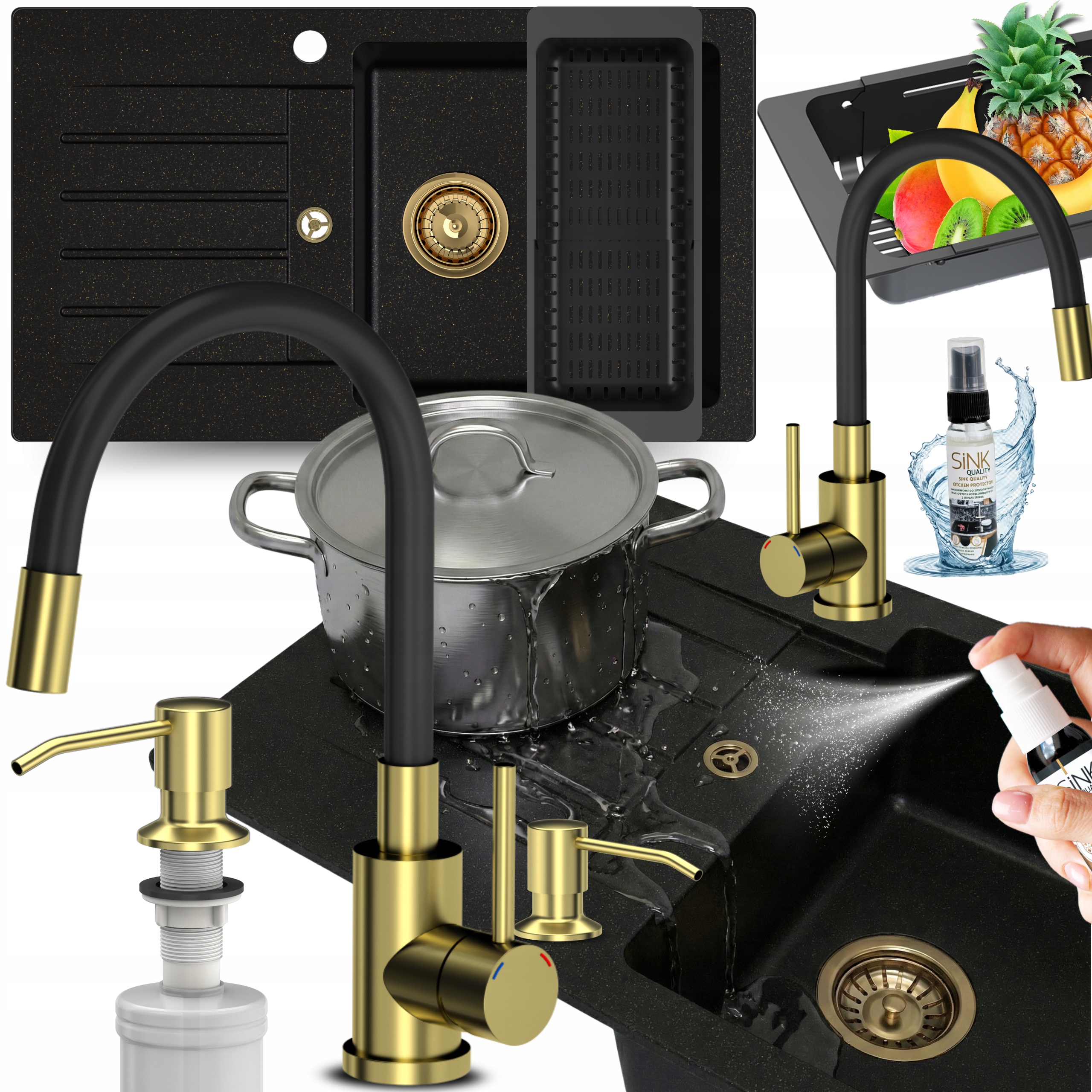 Dřez granitový Jednokomorový S Odkapávačem Černý se Zlatými Třpytkami 10v1