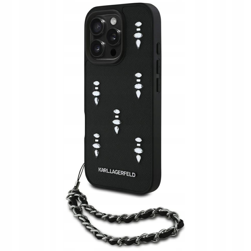 Etui Karl Lagerfeld Saffiano Crystals w/Chain do iPhone 16 Pro czarny
