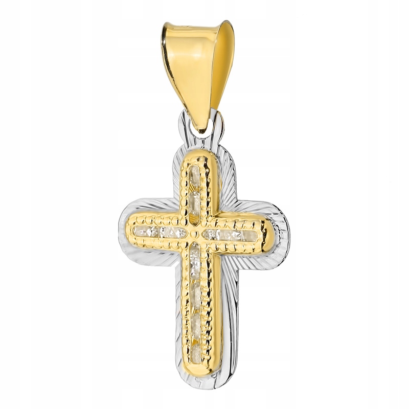 Zlatý Křížek pr. 585 Dvoubarevný Diamantovaný s Zirkony Křest Svaté Přijímání