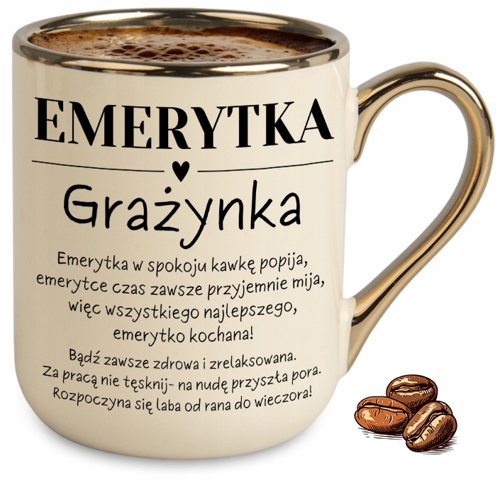 KUBEK BEŻOWY ELEGANT NA WYJĄTKOWY PREZENT DLA EMERYTKI + WŁASNE IMIĘ WZORY