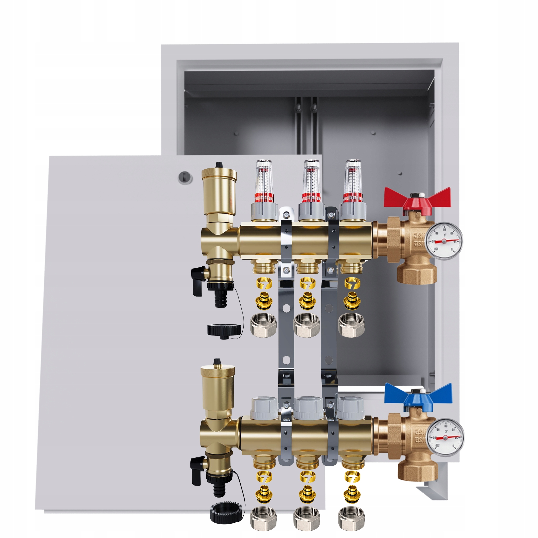 Rozdělovač podlahy 3 okruhy kulové ventily teploměry krabička Pex