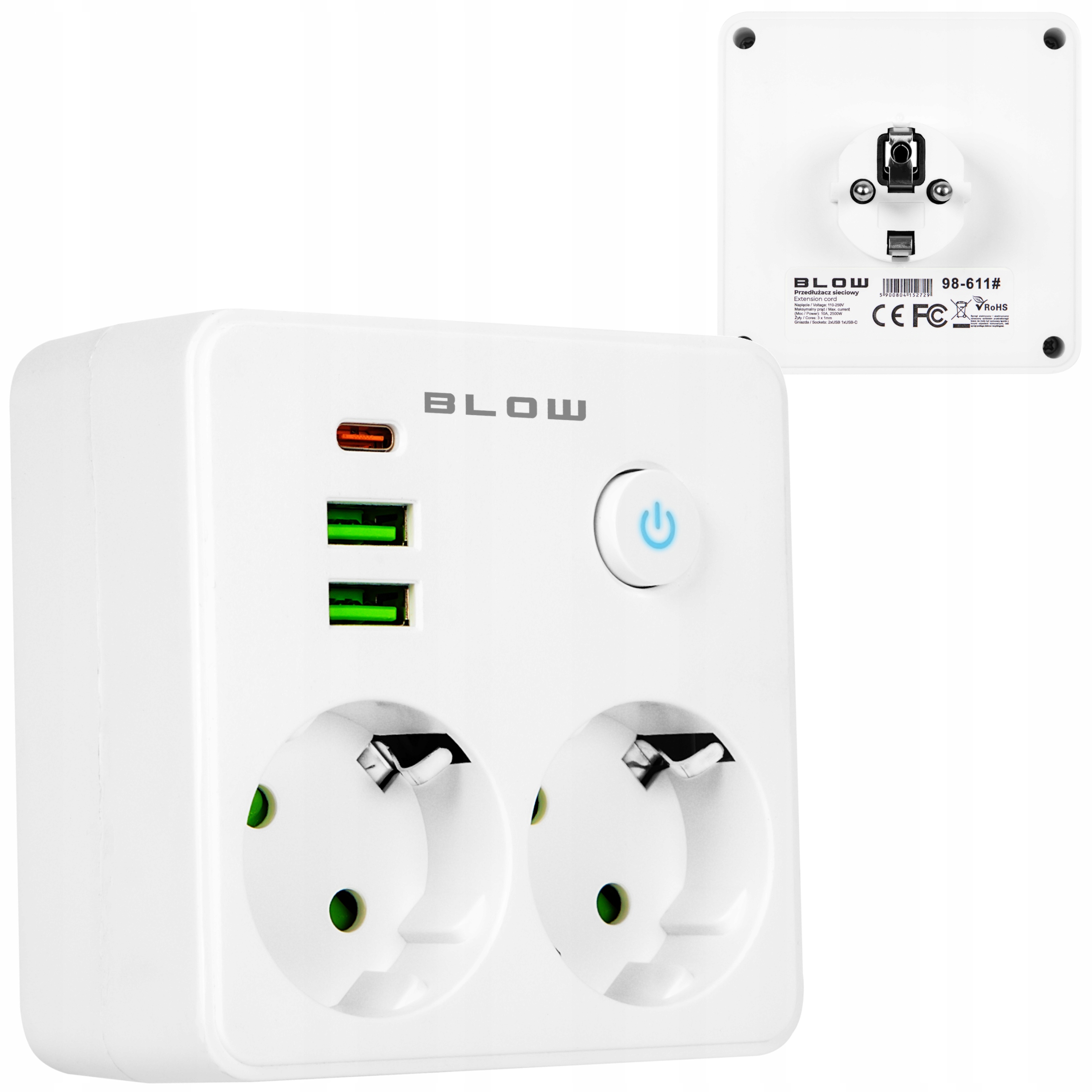 PRZEDŁUŻACZ ROZDZIELACZ ROZGAŁEŹNIK 2 GNIAZDA WŁĄCZNIK LISTWA 2X USB TYP-C