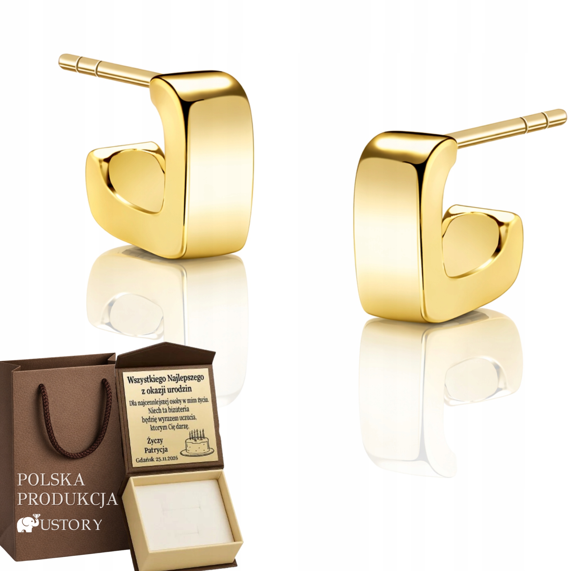 Zlaté Náušnice Geometrické Čtvercové Pozlacené 925/ 585 Gravírování