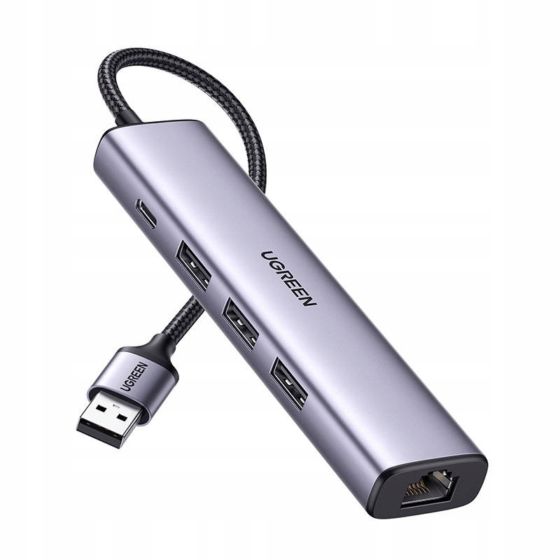 Adapter Ugreen 5w1 Usb-a do 3x Usb 3.0 RJ45 Usb-c CM475(szary)