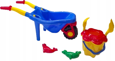 TACZKA PLASTIKOWA Z WIADERKIEM ŁOPATKĄ I FOREMKAMI DO PIASKU HEMAR Wysokość produktu 35 cm