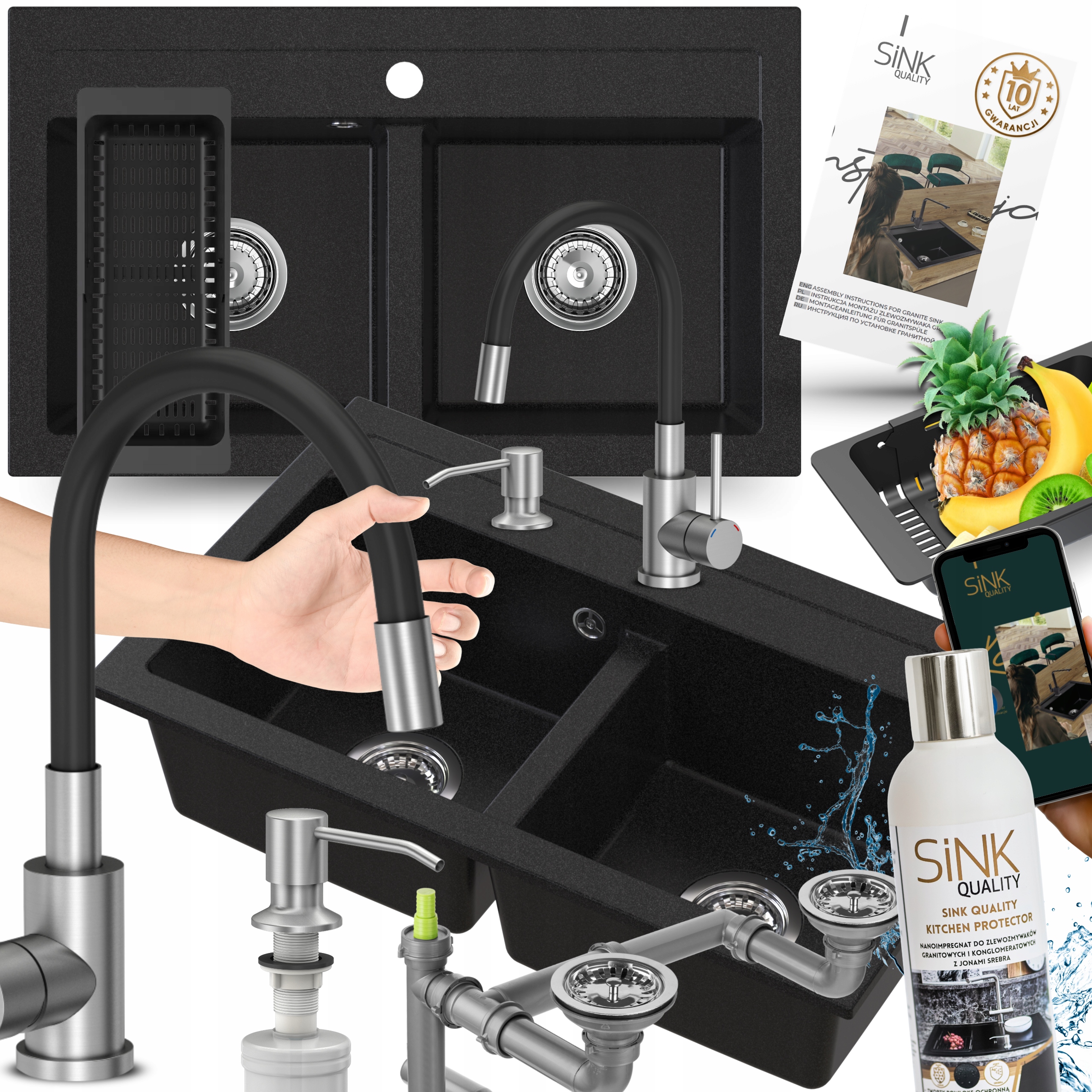 Dřez dvoukomorový S Baterií granitový 80 cm Dřez Impregnace