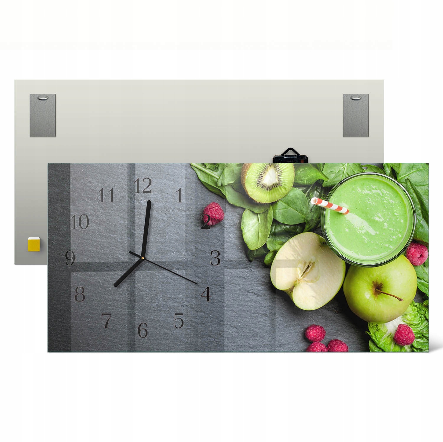 Závěsný velký skleněný hodinový stroj s stylovým potiskem, ovocné smoothie 60x30 cm