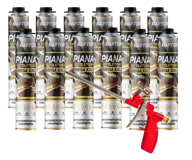 12x Pena montážna pena Raptor XXL výkonná pištoľ Darček