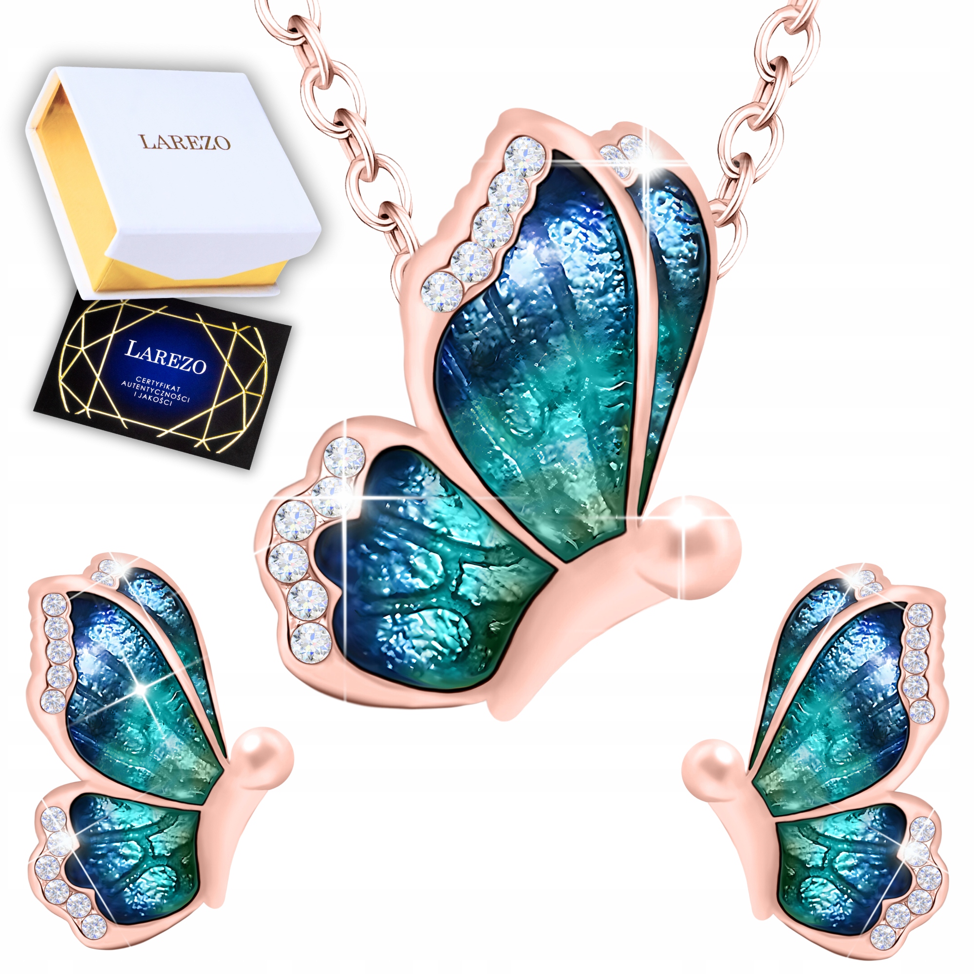 Sada Pozlacený náhrdelník Motýl a Náušnice Šroubky Motýli Hmyz Stříbro 925