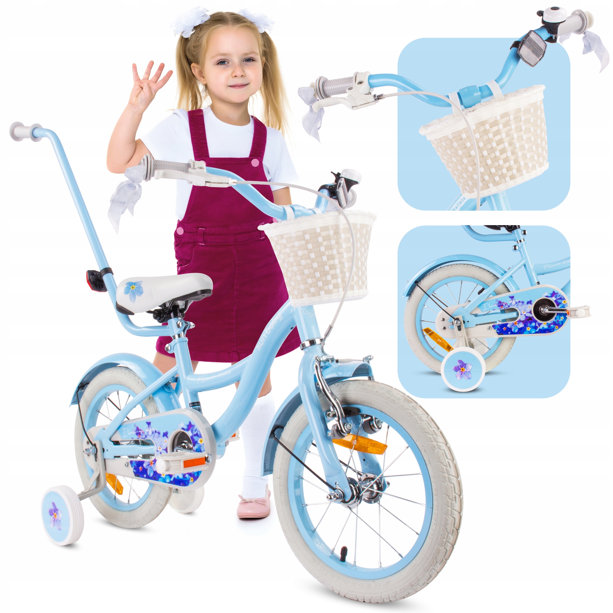 Rower 16 cali dziecięcy dla dziewczynki Pchacz Koszyk Kółka boczne 4-6 lat