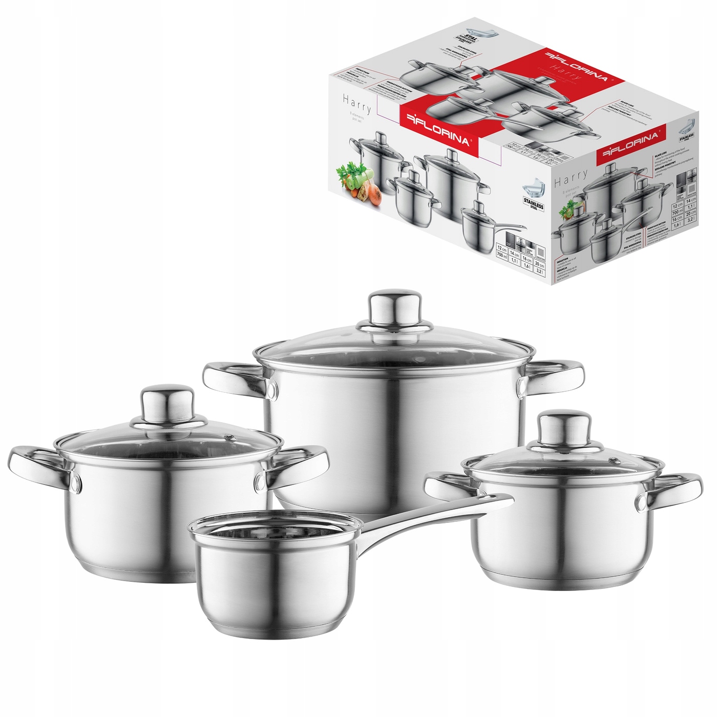 Komplet Garnków Nierdzewnych Z Pokrywkami Florina Harry Zestaw Garnków 8 el