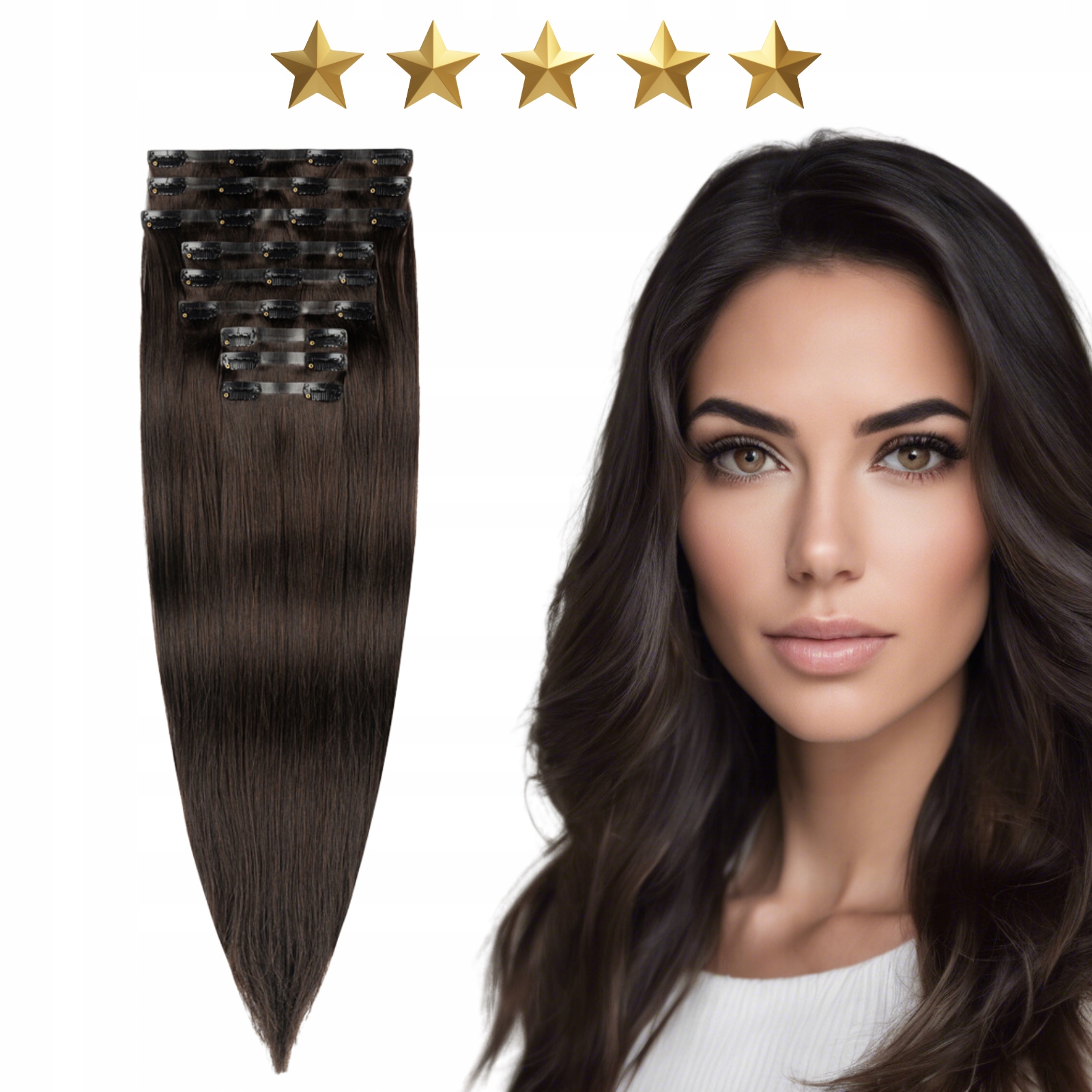 Bezšvové bezšvové přírodní vlasy Clip In 50 cm 9 pásků 180 g #1b Tmavě hnědá